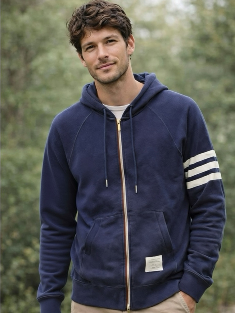 MEN’S THOM BROWNE CLASSIC 4-BAR ZIP NAVY/WHITE LOOPBACK  HOODIE‎ COTTON PREPPY